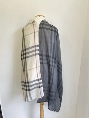 AS3#Burberry Lightweight Scarf Shawl Nova Check Gray&Cream Frayed Edge Authentic - Image 1 of 4