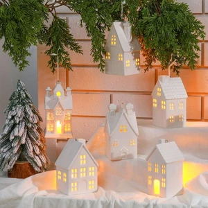 6 Pcs White Ceramic Village Houses Tabletop Christmas Tree Hanging Ornaments ... - Bild 1 von 7