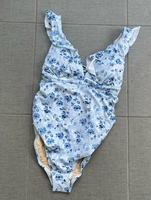 A PEA IN THE POD Maternity Swimsuit Medium White Blue NEW Floral Ruffle Beach - Image 1 of 4