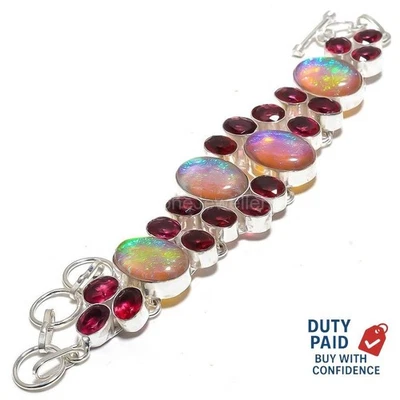 Venda de Natal 925 prata tripla opala fogo corrente rubelita pulseira art déco - Imagem 1 de 4