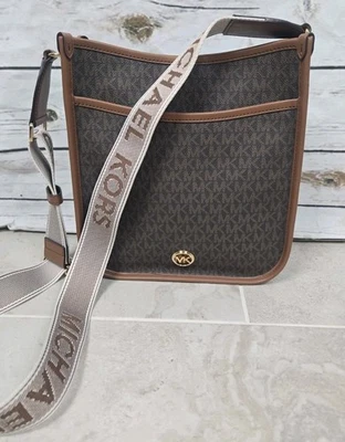 Michael Kors Luisa Leather Lg Messenger Crossbody Purse MK Logo Brown Luggage - Image 1 of 4
