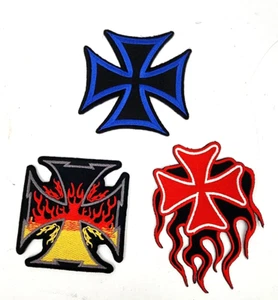 Lot Of 3 Black/Red /Blue Flames Cross Patch Iron On 3” X 3” - Picture 1 of 3