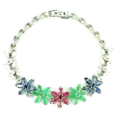 Silver Bracelet Sapphire Ruby Emerald Genuine Natural Gems Solid Sterling 7 1/4 - Image 1 of 4