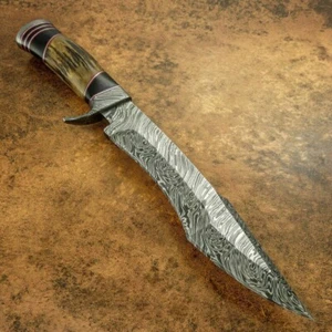 15" MACHETE STUNNING CUSTOM MADE HAN FORGED DAMASCUS STEEL BOWIE, STAG HORN - Picture 1 of 5