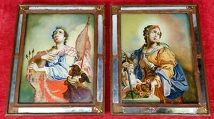 SAINTS ÚRSULA AND CATHERINE OF ALEXANDRÍA. PAINTING ON GLASS. SPAIN.XVII-XVIIITH - Picture 1 of 1