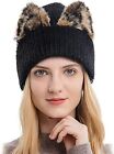 Campsis Winter Knit Beanie Hat Fuzzy Fur Cat Ear Cuffed Skull Cap Leopard...
