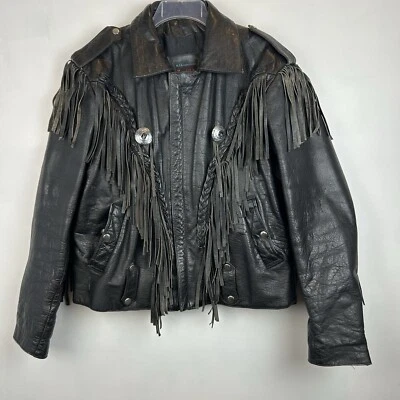 Chaqueta de Motocicleta Hombres 44 Flecos Conchos Cuero Negro EE. UU. Abrigo de Moto Informal Leer Foto 1 de 4