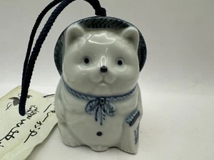 Japanese Porcelain Bell Wind Chime Bear With Book &Hat With Tag Blue And White - Picture 1 of 10