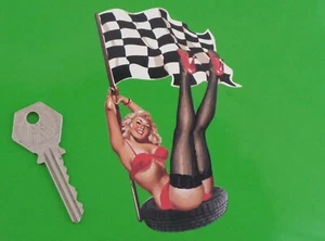 Pin-Up Girl Tyre & Chequered Flag Classic Race Car Bike Sticker 5" Retro Checked - Picture 1 of 1