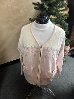 Cárdigan vintage Stitches In Time cremallera rosa y blanco copos de nieve años 80 Foto 1 de 4
