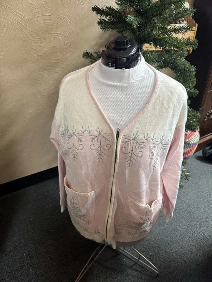 Cárdigan vintage Stitches In Time cremallera rosa y blanco copos de nieve años 80 Foto 1 de 4