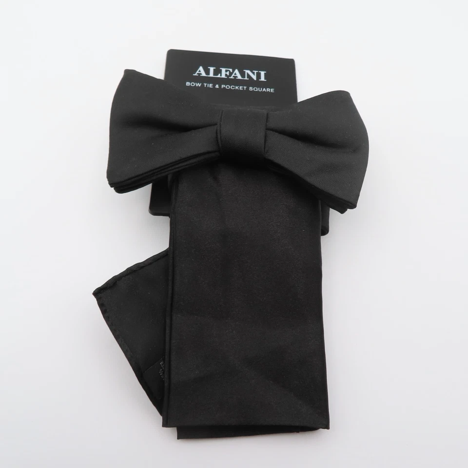 Alfani Bow Tie Polyester Black Solid 2.5" Wide Pre Tied Pocket Square NEW - Image 1 of 4