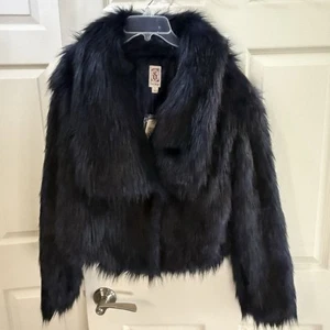 Decree Blue Black Faux Fur Crop Jacket Coat Size L Button Front NWT Fairy Grunge - Picture 1 of 13