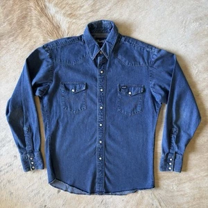 Vintage Wrangler Denim Shirt Men 16.5 Large Blue Snap Western Workwear 90s - Picture 1 of 20