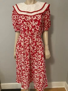 Vintage 80s Secretary Dress Red White Big Collar Med - Picture 1 of 7