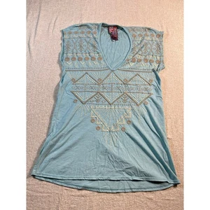 Johnny Was Women’s Medium Bllue V-Neck Sleeveless Embroidered Floral Blouse Boho - Picture 1 of 6