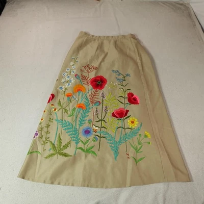 Hippie Maxi Skirt Womens Medium Beige Embroidered Floral Boho Floral Long A Line - Image 1 of 4