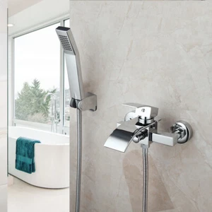 Chrome Bathroom Wall Mount Bathtub Waterfall Shower Tap Mixer Faucet Hand Spray - Picture 1 of 10