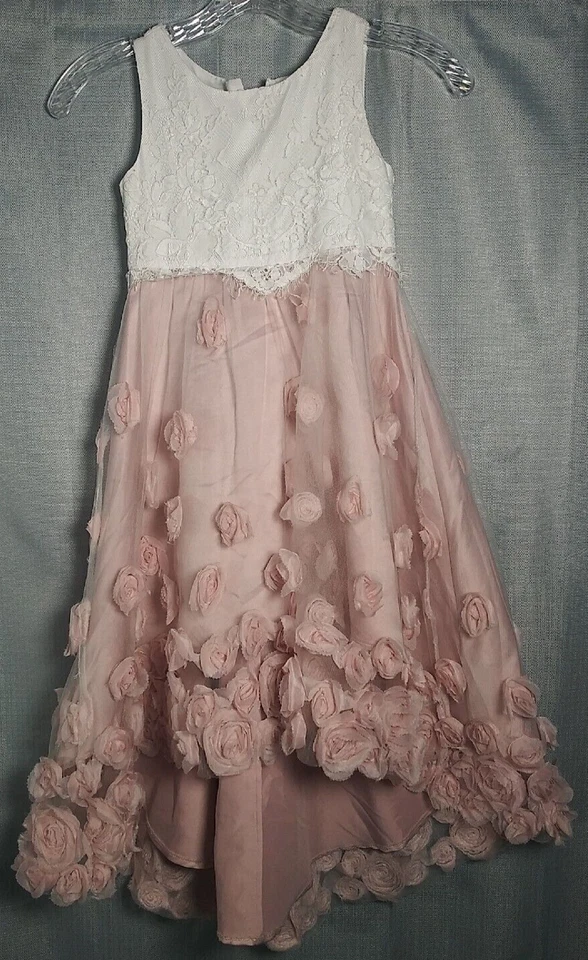Monsoon Dress Girls 6 Roses 3D dusty pink blush rIvory Lace Sleeveless Hi Low - Image 1 of 4