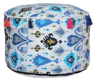 Puf otomano Kantha redondo de 22" cosido a mano taburete/bolso de frijoles/cubierta de puf blanco Foto 1 de 4