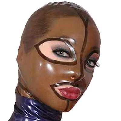 Transparent Brown Latex Hood Back Zipper Beautiful Girl Rubber Mask Club Wear - Image 1 of 2