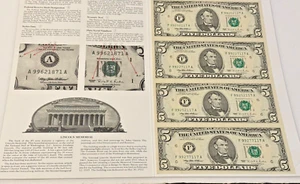 Sheet Of 4 Uncut 1995 $5 Dollar Bills Bureau Of Engraving,Printing Washington DC - Picture 1 of 3