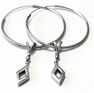 925 Sterling Diamond Shaped Dangle Hoop Earrings Signed DS Interchangeable - Picture 1 of 6