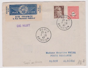 RR SUP LETTRE / VOL AIR FRANCE DE NUIT 1947 POUR ALGER TAXE AU VERSO / VIGNETTE - Picture 1 of 2