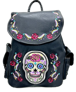 BLACK SUGAR SKULL DAY OF THE DEAD BACKPACK CONCEALED CARRY WOMEN SHOULDER BAG  - Picture 1 of 7