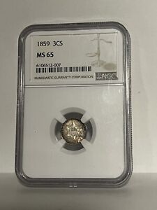 1859 3CS NGC MS 65 Three Cent Silver, GEM Uncirculated Better Type Coin 
