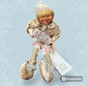 34th & Pine Pink Champagne Color Pixie Christmas Elf Figure Holding Gift - Picture 1 of 4