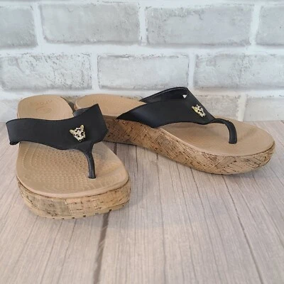CROCS Leigh Cork Leather Sandals Rhinestone Jaguar Flip Flops Womens 10 Black - Image 1 of 4