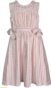 NEW Bonnie Jean Girls Size 7 "PINK GREEN IVORY STRIPE" Smocked Tie Waist Dress - Picture 1 of 7