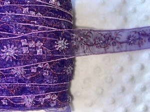 3 yards purple organza embroidered sewing dress trim sequins red bead 1.25" wide - Picture 1 of 2