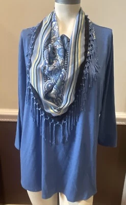 Top túnica One World Live Let Live talla 2X azul flecos bufanda manga 3/4 pulóver Foto 1 de 4