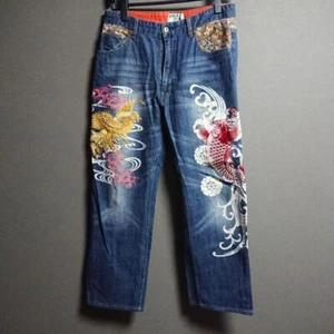 Karakuri Tamashii Denim Pants Jeans Carp & Phoenix Embroidered Indigo Blue Size - Picture 1 of 13