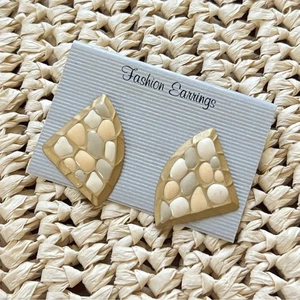 Vintage 90s Geometric Gold and Cream Fashion Earrings - Picture 1 of 3