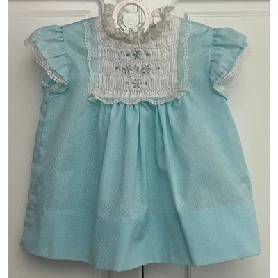 Vestido Vintage Polly Flinders Bebê Menina Azul Ponto Suíço com Bata *Tamanho 3-6M - Imagem 1 de 4