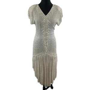 Vintage CAROLYNE BARTON White Silk Sequin Beads V-Neck Drop Waist Dress Size S - Picture 1 of 8