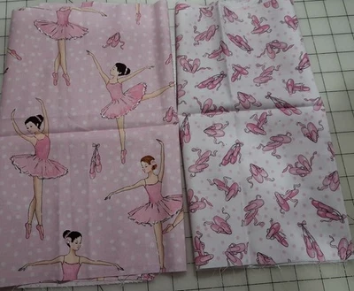 Kit 1/3 Yard Ballerina & Ballet Shoes on Pink polka dots white Cotton Fabric - Image 1 of 4
