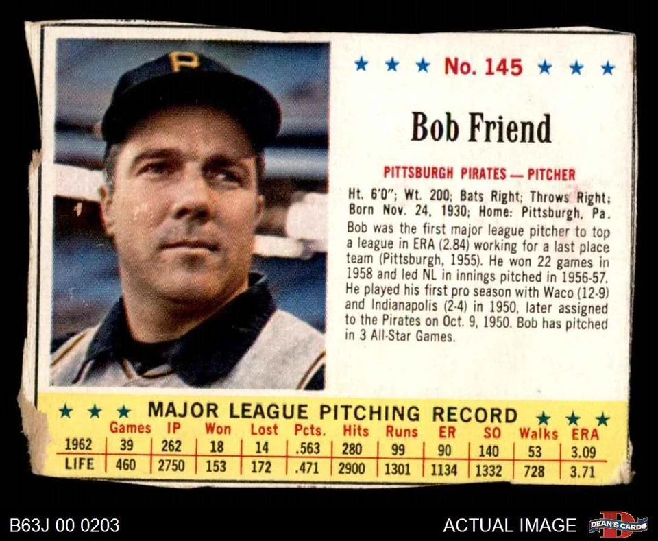 1963 Jello #145 Bob Friend Pirates 1.5 - FAIR - Image 1 of 1