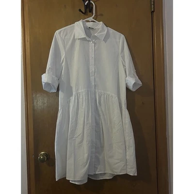 Madewell 纽扣前迷你衬衫裙府绸白色宽松经典小号全新带标签 — 第 1/4 张图片