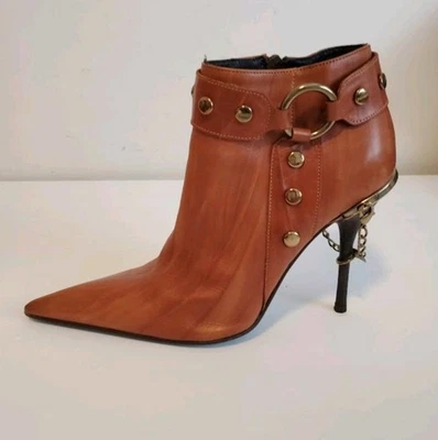 Cesare Paciotti 37 Cognac Brown Leather Gold Stud Heel Chain Pointy Ankle Boots - Image 1 of 4