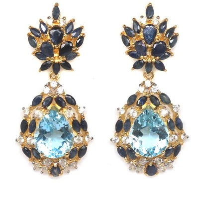 925 Sterling Silver 10 x 12 mm. Sky Blue Topaz, Sapphire & Zircon Earrings - Image 1 of 4