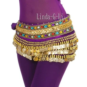Belly Dance Hip Scarf Skirt Wrap Gold Coins Band Gemstone Velvet 6 colors 9/3 - Picture 1 of 17