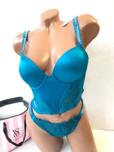Victorias Secret Shine Strap Logo Rhinestone Push-Up Corset Thong Set Aqua Blue - Picture 1 of 6