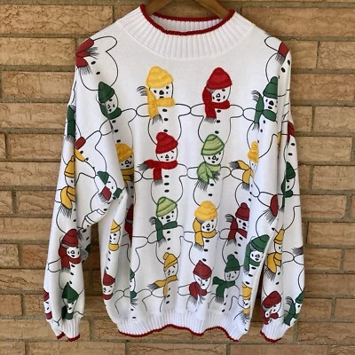 Años 90 AOP Invierno Muñeco de Nieve Hasting & Smith Acanalado Tejido Ribete Sudadera Talla XL Vacaciones Foto 1 de 4