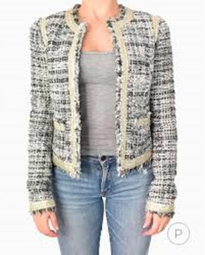TORY BURCH TAGLIA 4 GIACCA TWEED GRIGIO RAYON METALLIZZATO MISTO SETA CHIUSURA CON GANCIO E OCCHIELLI