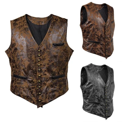 Hommes Faux Gilet Cuir Gilet Col V Faux Veste Poche Délavé - Photo 1/4