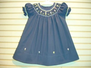Ciao Bebe NEW Hand Embroidered Bishop Smocked Dress Baby Girl NAVY BLUE Size NB - Picture 1 of 4